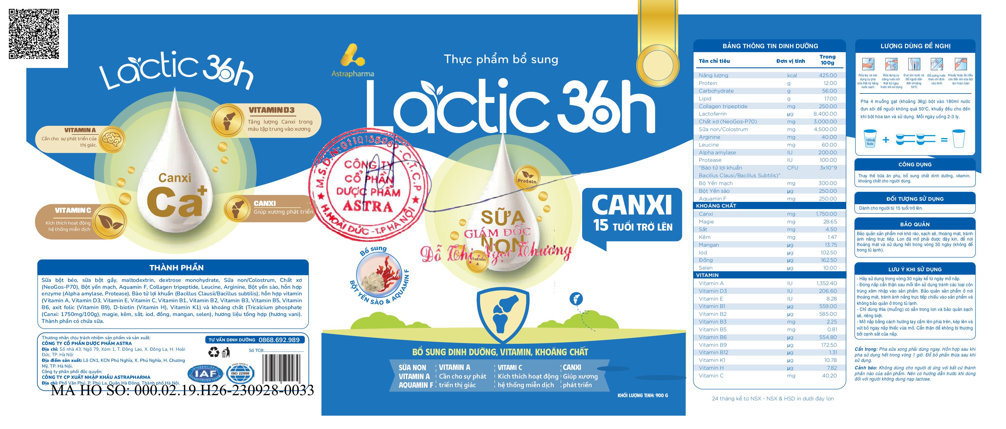Sữa bột Lactic 36h Canxi - 15 tuổi trở lên