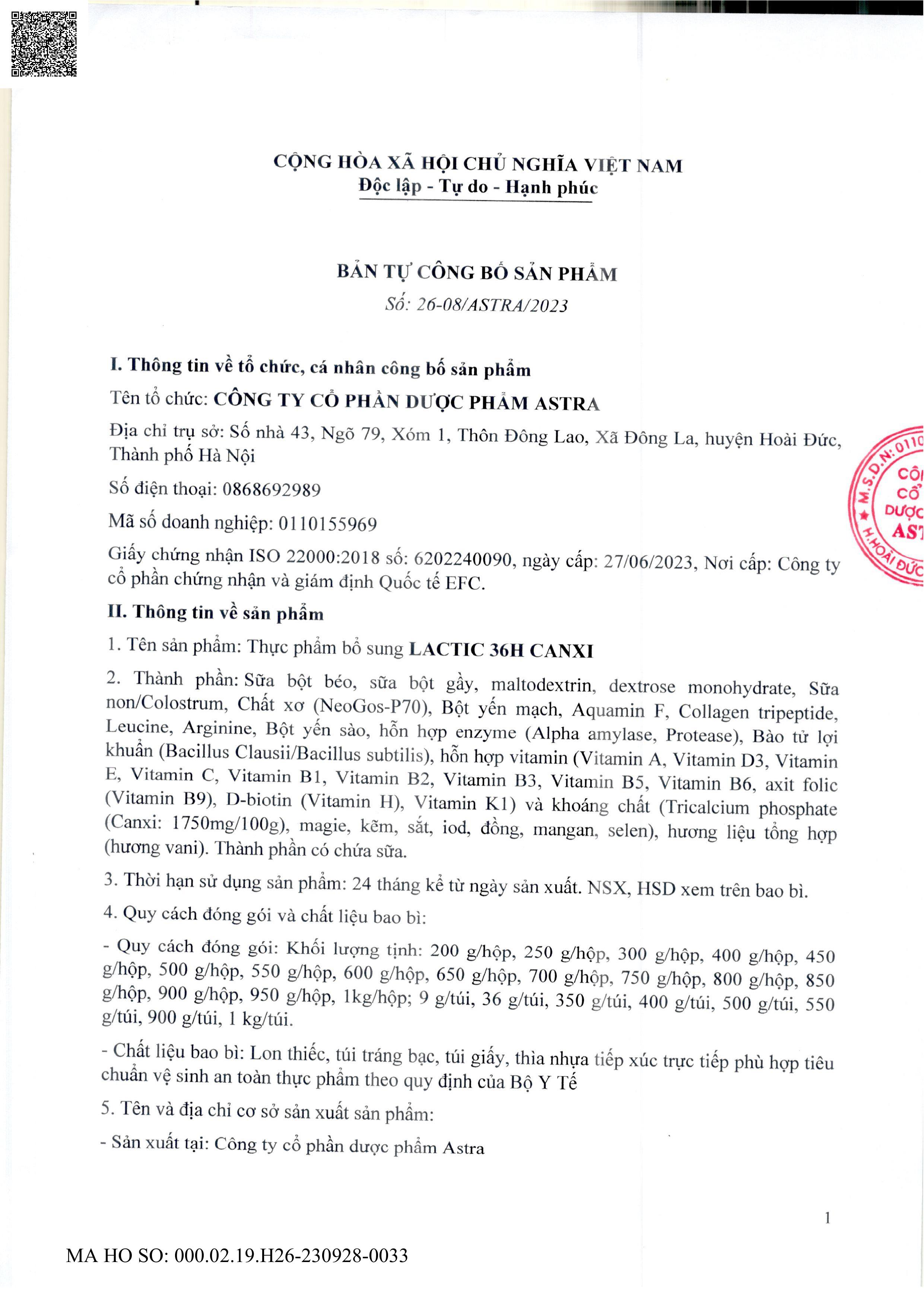 Sữa bột Lactic 36h Canxi - 15 tuổi trở lên